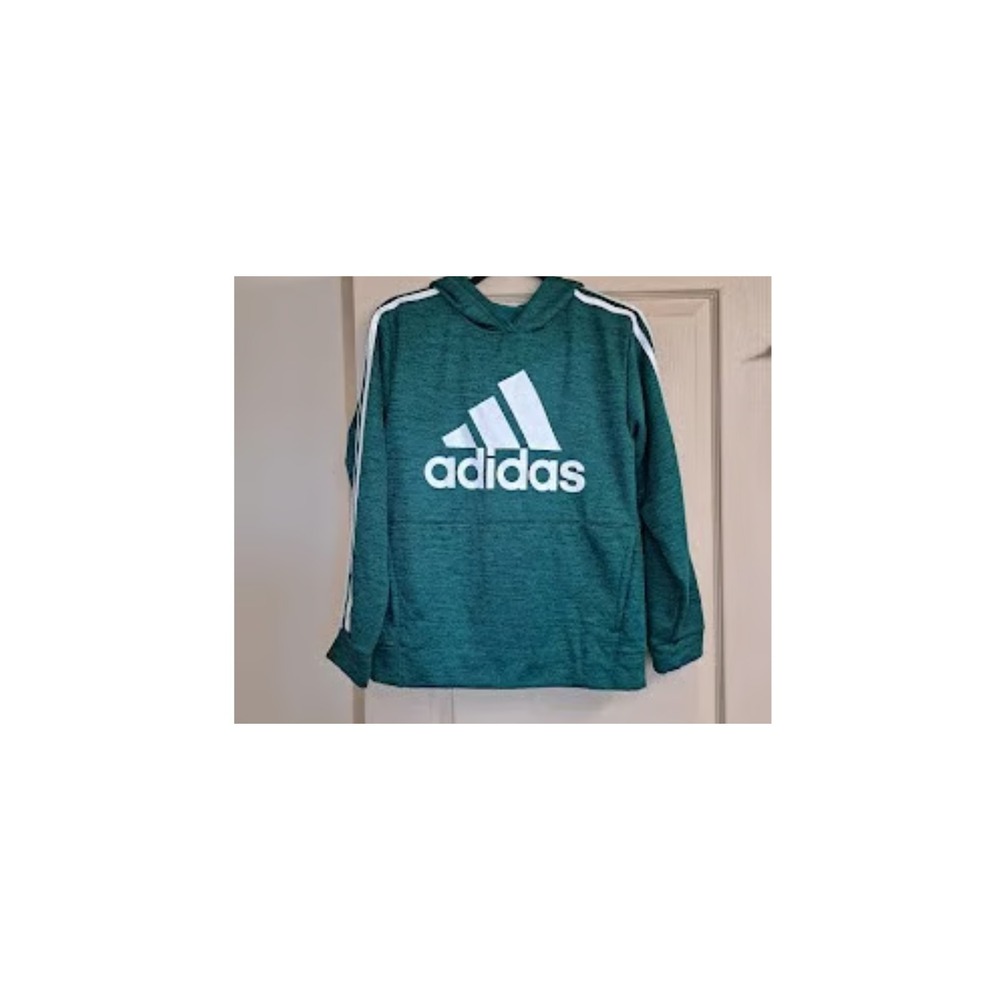 Adidas Boys Green Heathered Fleece Pullover Hoodie Size L 14/16 Logo Stripe